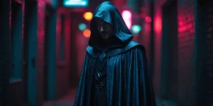 In the dimly lit alley, a shimmering mage stands, a figure cloak...