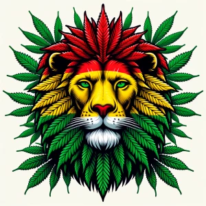 Generate an image of a lion made out of cannabis leaves, featuri...