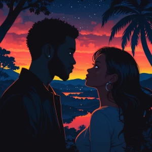 Silhouette of black male gazing into his woman's eyes overlookin...