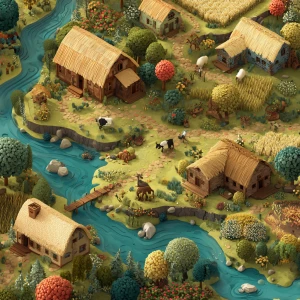 A beautiful 2D moral story village, rendered in a charming carto...