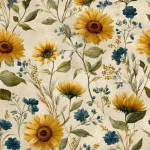vintage farmhouse botanical repeat pattern, scattered sunflowers...