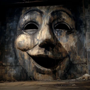 Horror themed giant mask on a wall Banksy style.