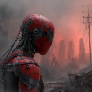 T-800 Spider-Man, apocalyptic futuristic background