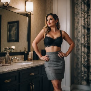 Attractive buxom charming 35 year old woman wearing a gray tweed...