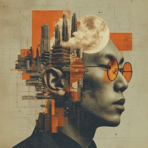 A surreal digital collage portrait of an East Asian man with gla...