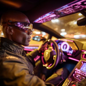 A short Nigerian pilot sits inside the cockpit of a Lamborghini,...