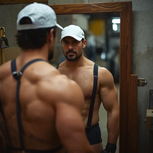 Generate an image of a muscular handsome well groomed and hairy...