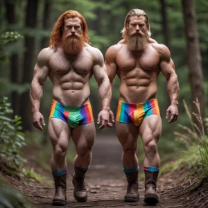 Generate an image of two rugged, muscular men with shirtless hai...