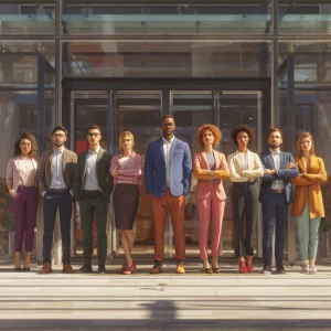 Capture a scene where 10 diverse employees are standing confiden...