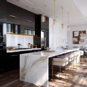 Design a modern luxury kitchen featuring black lower cabinets, g...