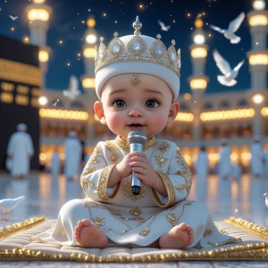 Ultra realistic 3D scene of a cute little Muslim baby boy sittin...