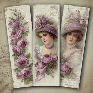 Victorian Mauve Rose Portrait Bookmarks – 3 Elegant Bookmarks (A...