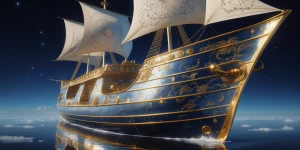 A shimmering, sleek galaxy galleon, floating in the stillness of...