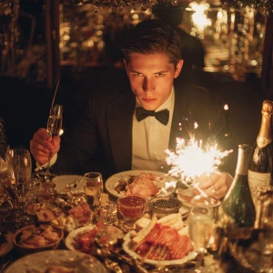 A elegant man sitting at a beautifully arranged New Year's dinne...