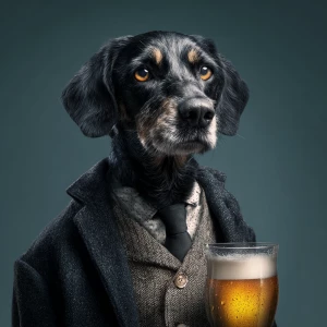 A dog holding beer