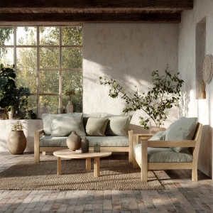 Create a Scandinavian living room featuring oak wood furniture,...