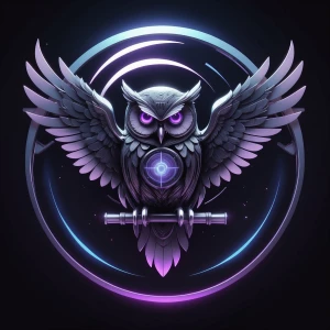 A sleek, futuristic emblem of a mechanical owl gliding through a...