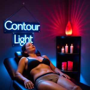 Generate an image of a middle-aged woman lying on a black massag...