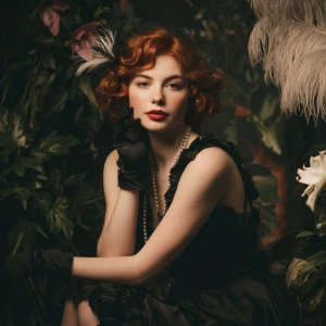 A redhead supermodel dressed in 1920s clothes high end luxury si...