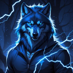 Midnight blue male werewolf with blue lightning powers. Proud, c...
