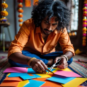 close-up shot, Bholu (curly hair, orange shirt) carefully
cutti...