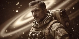 In the depths of space, a rugged retro-futuristic explorer stand...