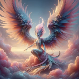 A blood-curdling heavenly harpy, its ethereal wings spanning the...