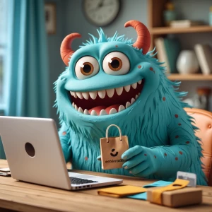Generate a claymation image of a friendly-looking monster buying...