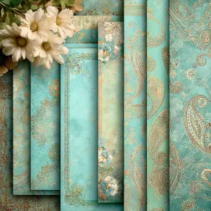 Pale turquoise and antique gold paisley mixed-media scrapbook pa...