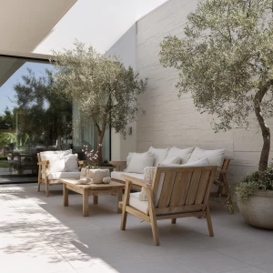 Minimalist Scandinavian-style lawn with pale wood furniture, lig...