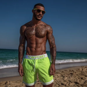 A powerfully built man stands on a sandy beach, his chiseled phy...
