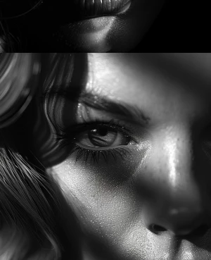 Ultra realistic big close-up portrait of Lauren Bacall, black an...