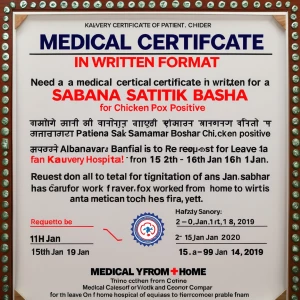 Need a medical certificate in written format for the patient nam...