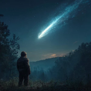 Show a large meteor in the sky over wooded area in Ohio. Show a...