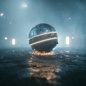 rain-slick pavement lies a mysterious spherical device, spinning...