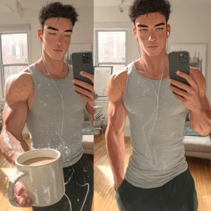 Ultra-realistic mirror selfie of the same young man (light brown...
