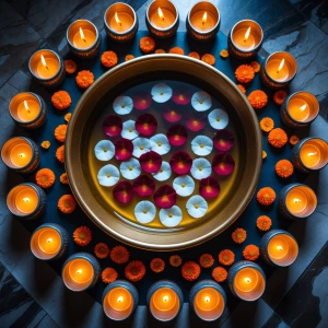 A top-down shot of a festive Diwali decoration on a marble floor...