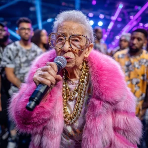 An elderly woman on a rap battle stage, holding a microphone. Sh...