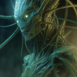 A complex eldritch android, its every line and curve intricately...