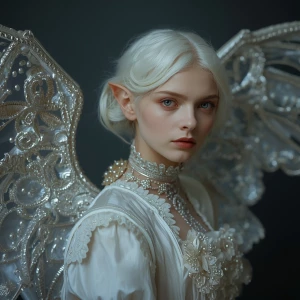In the ethereal image, a celestial neo-Victorian winged alien is...