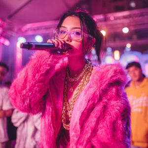 An K-pop female bali 19, on a rap battle stage, holding a microp...