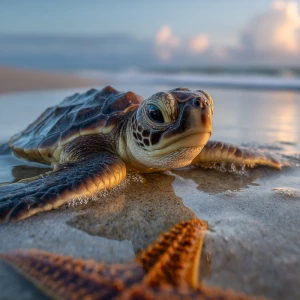 A realistic wildlife-style photograph of a baby sea turtle named...