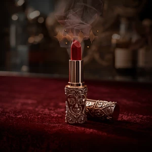 A detailed macro product photograph of an ornate, baroque lipsti...