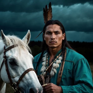 Gorgeous native American man teal green eyes on the hunt with a...