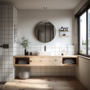 Create an image of a compact Nordic bathroom featuring a pine wo...