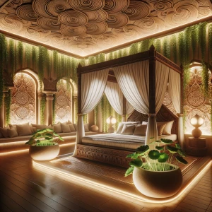 Create an elaborate and serene scene in a luxurious bedroom name...