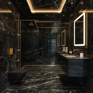 Create a highly luxurious black marble bathroom featuring gold f...