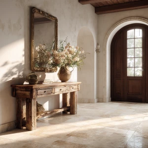 Create a 16:9 aspect ratio image of an elegant Italian foyer fea...