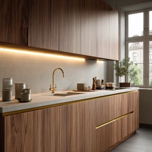 Create a lifelike interior scene featuring walnut wood kitchen c...