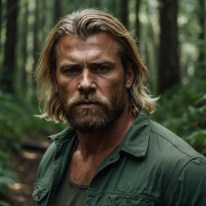 Generate an image of a rugged, muscular man with a hairy chest,...